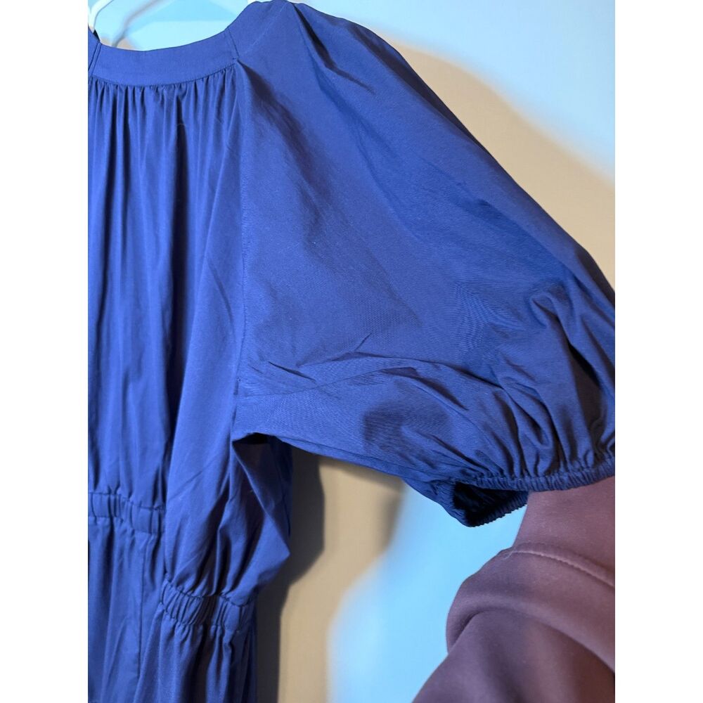Anne Klein Tiered PuffSleeve Midi Dress is styled in a deep Normandy Blue